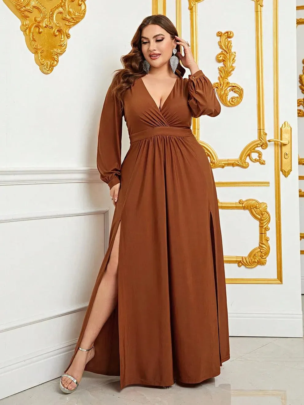 Plus Plunging Neck Lantern Sleeve High Slit Dress