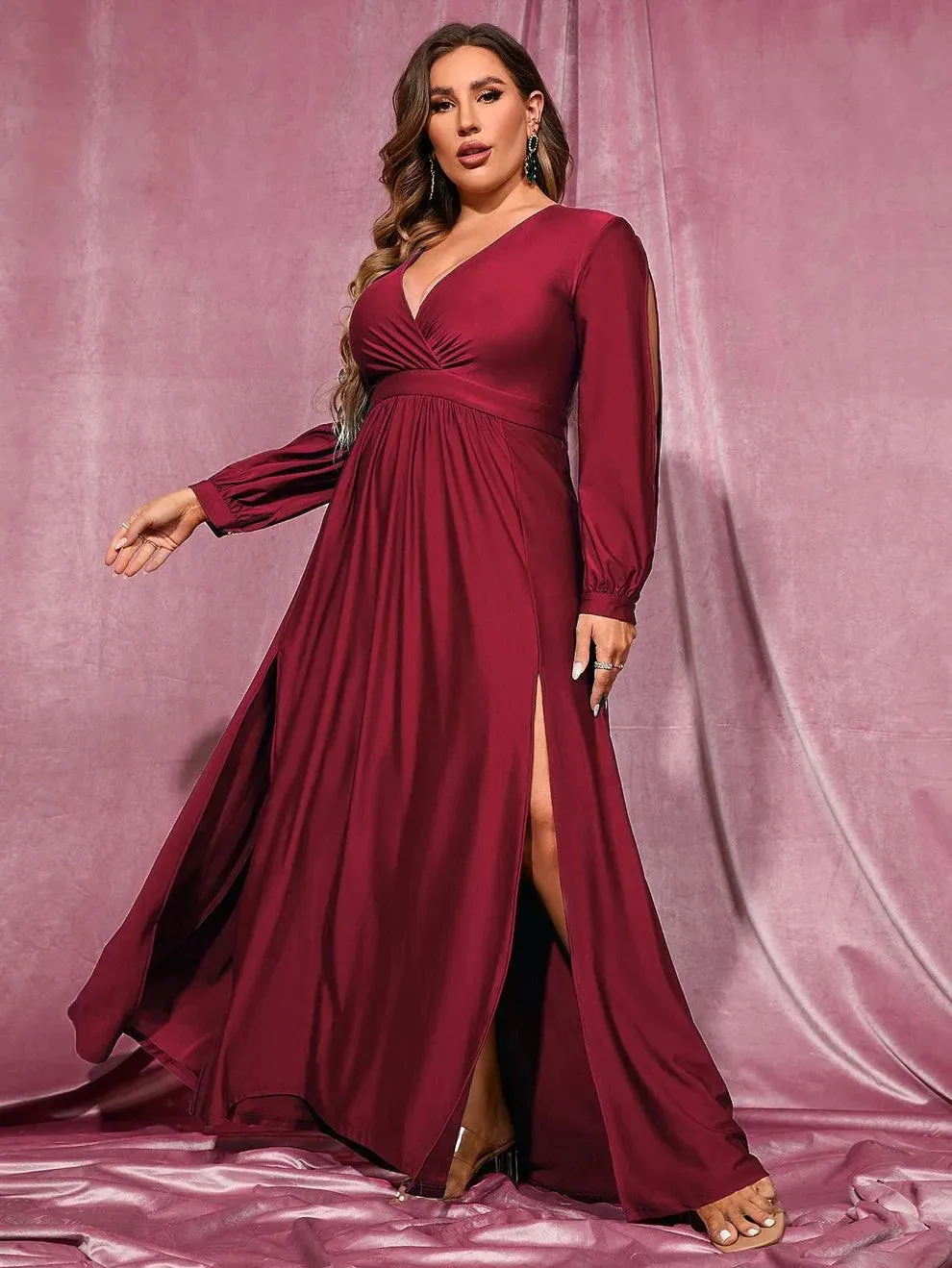 Plus Plunging Neck Lantern Sleeve High Slit Dress