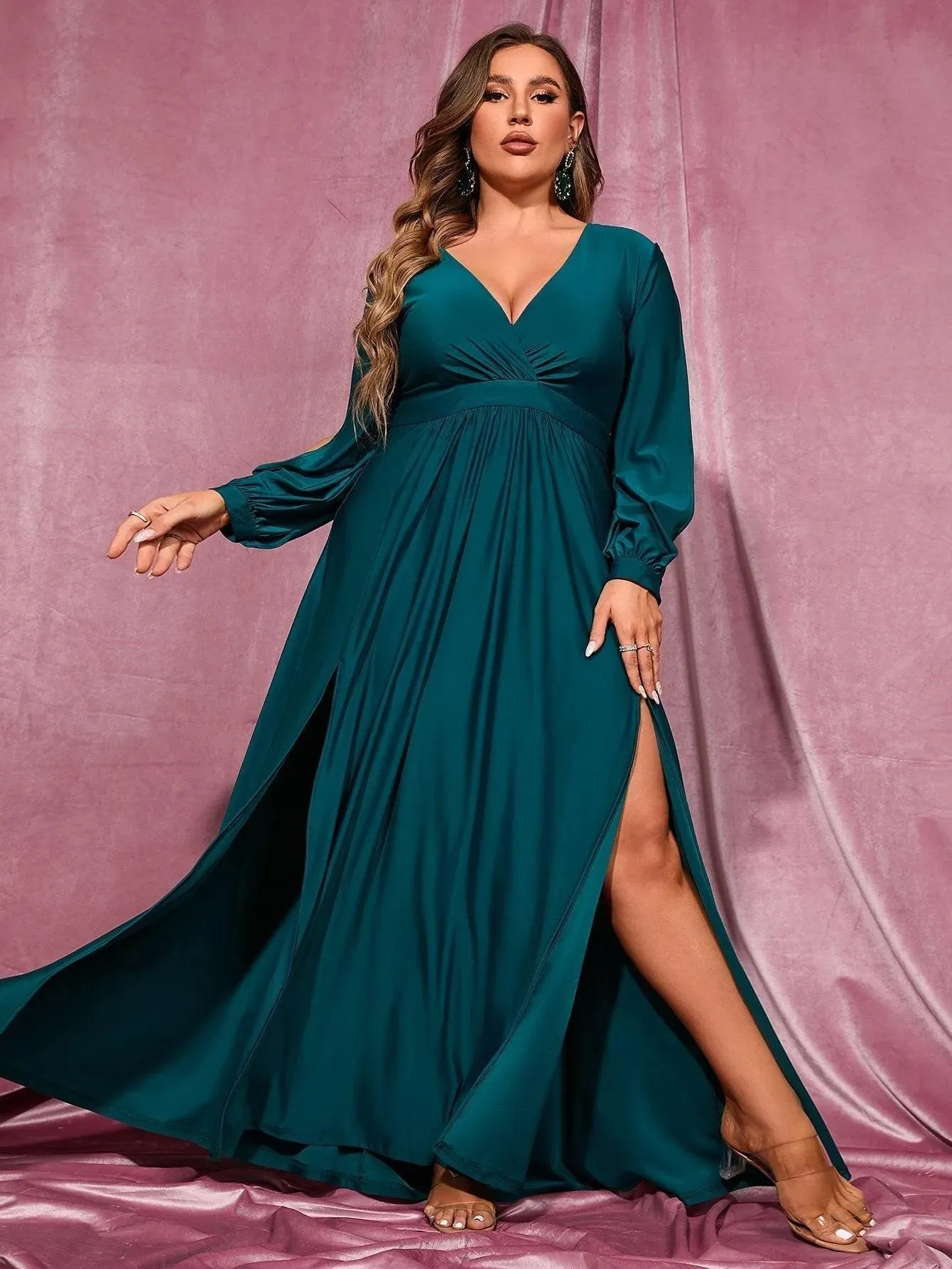 Plus Plunging Neck Lantern Sleeve High Slit Dress