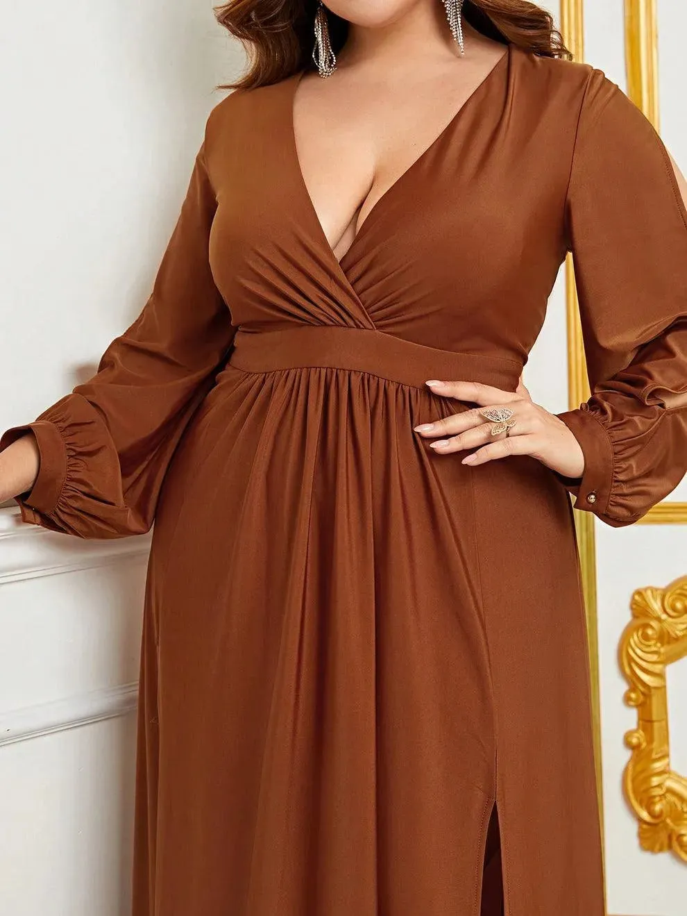 Plus Plunging Neck Lantern Sleeve High Slit Dress