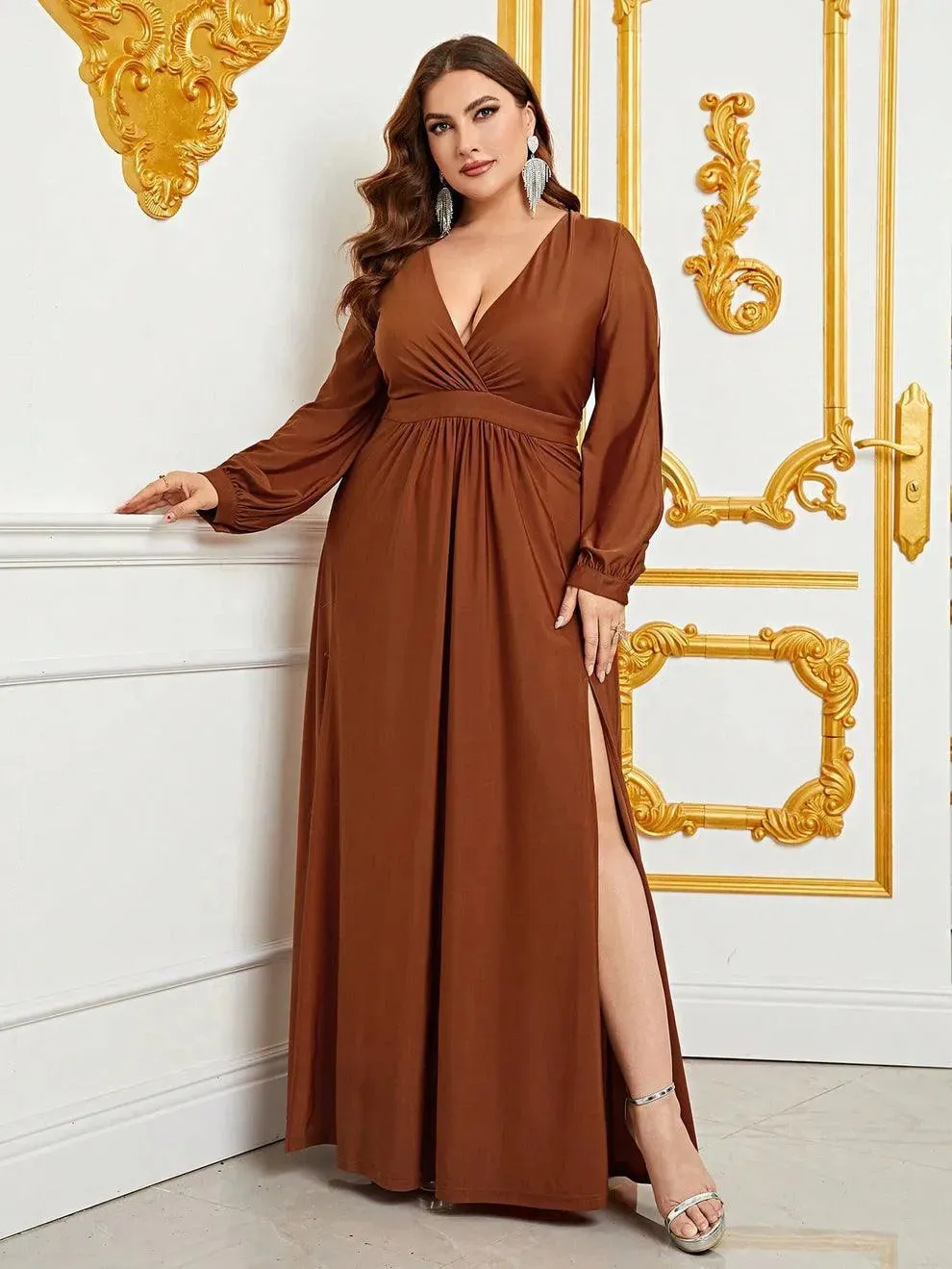 Plus Plunging Neck Lantern Sleeve High Slit Dress