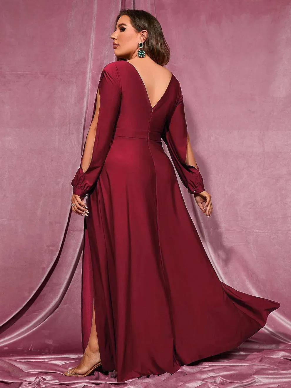 Plus Plunging Neck Lantern Sleeve High Slit Dress
