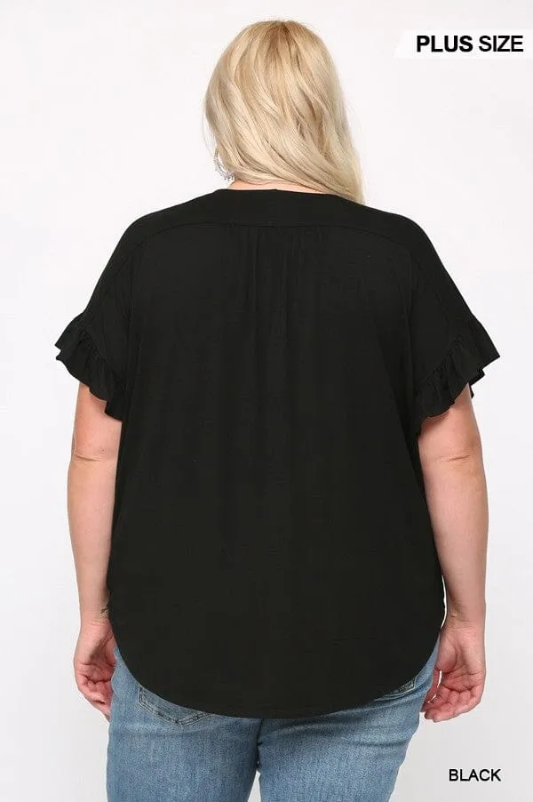 Plus Size Black V Neck Wrap Ruffle Sleeve Casual Loose Dolman Top Tunic Blouse