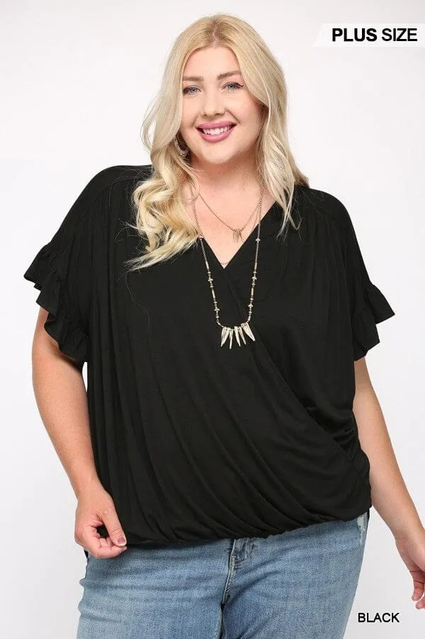 Plus Size Black V Neck Wrap Ruffle Sleeve Casual Loose Dolman Top Tunic Blouse