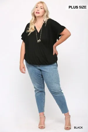 Plus Size Black V Neck Wrap Ruffle Sleeve Casual Loose Dolman Top Tunic Blouse