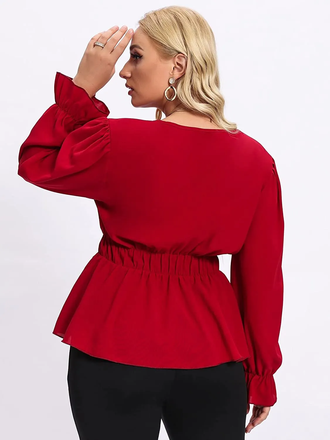 Plus Size Ruffle Hem Burgundy Flounce Long Sleeve Blouse