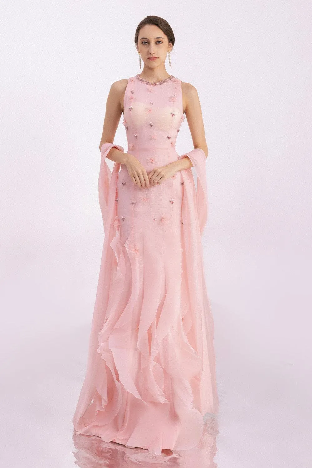 Potter Mermaid Jewel Neck Organza Floor Length Dress