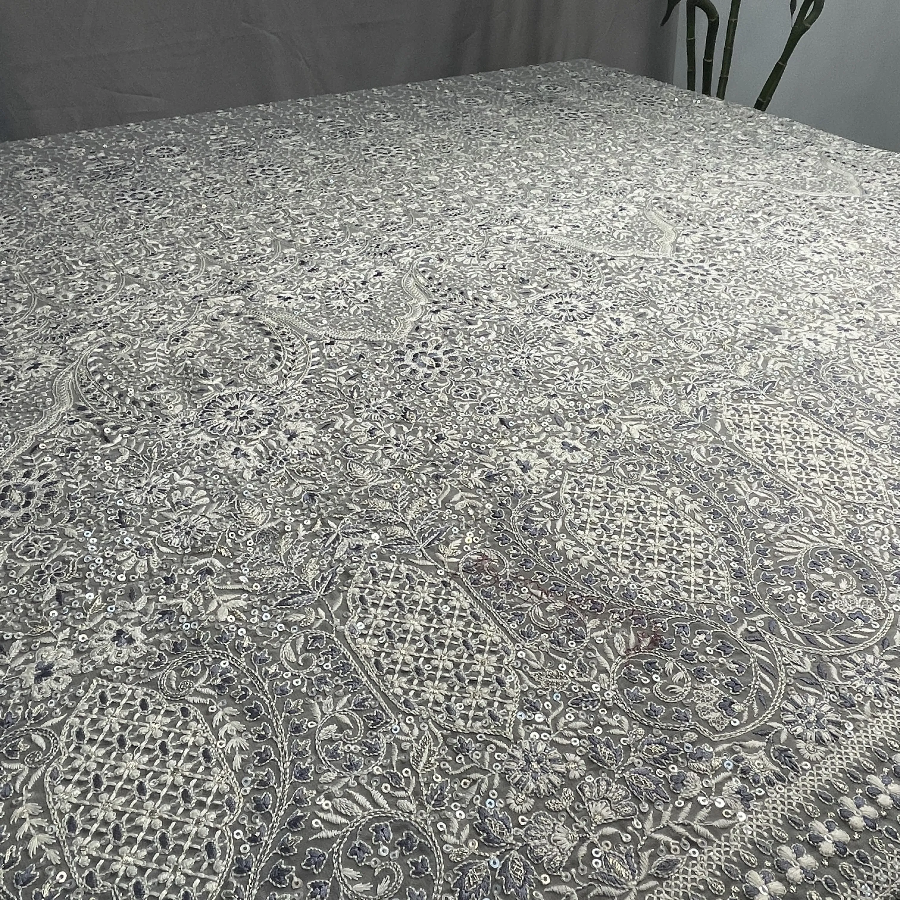 Premium Grey Traditional Sequins Embroidery Georgette Fabric