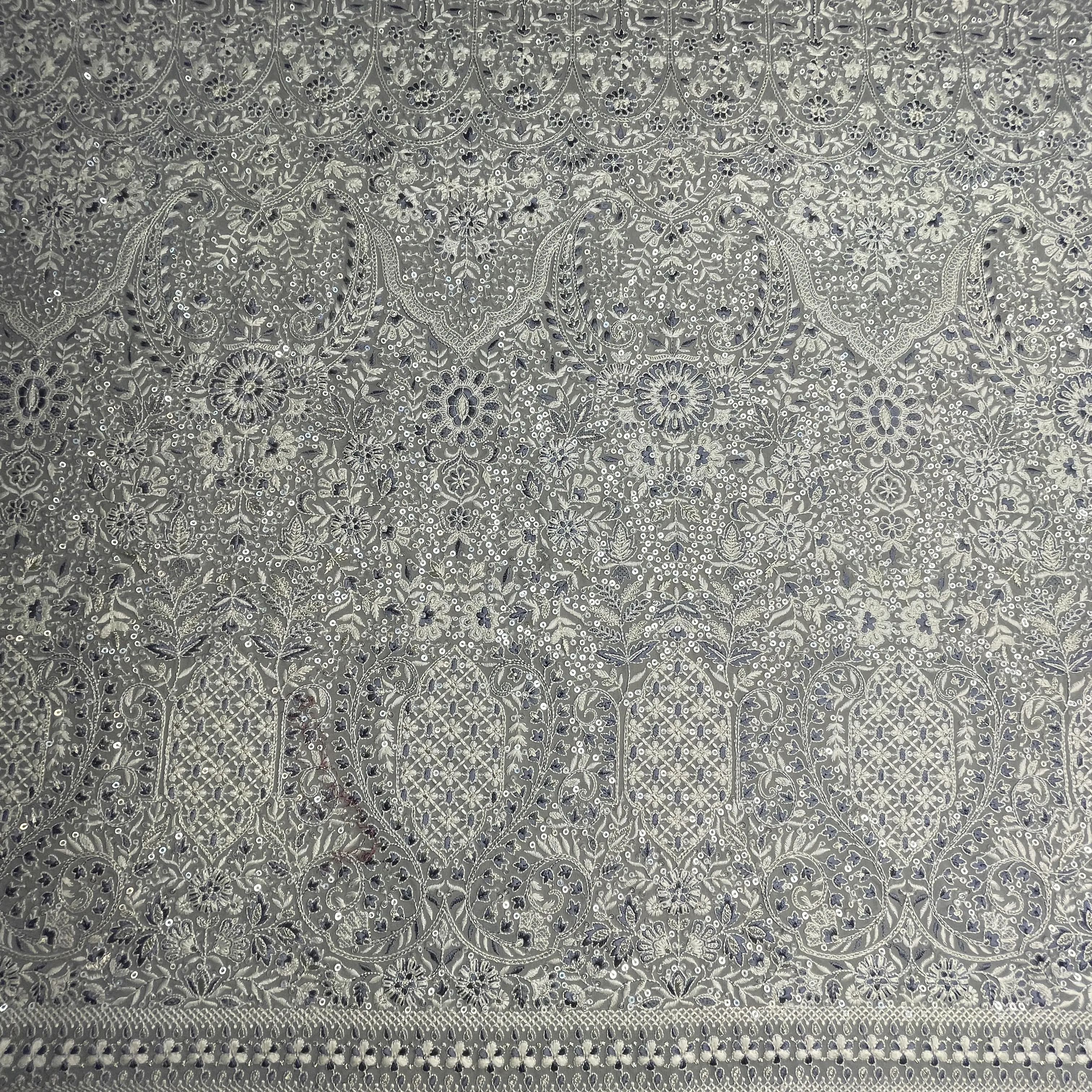 Premium Grey Traditional Sequins Embroidery Georgette Fabric