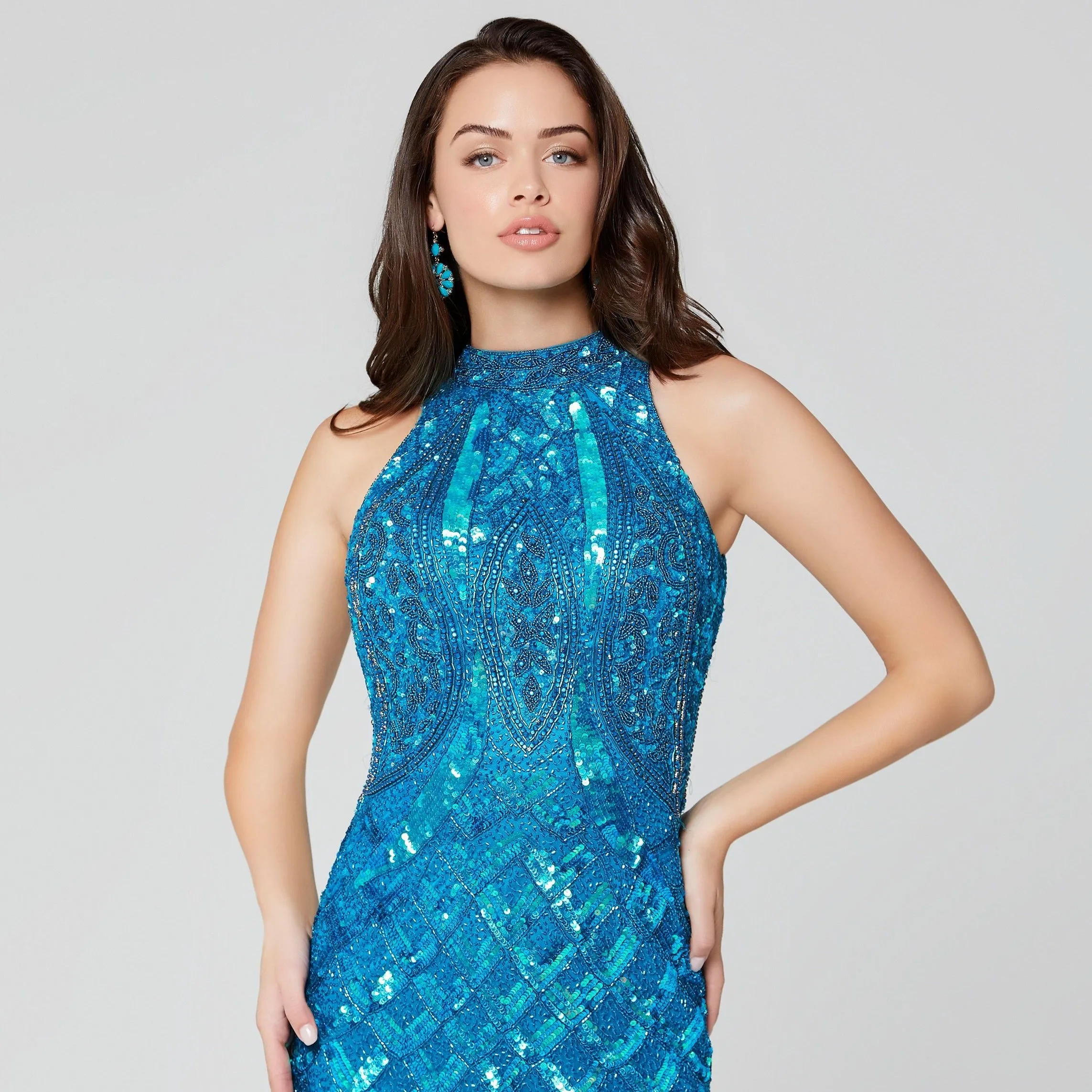 Primavera Couture 3442 Size 18 Peacock Beaded High Neckline Prom Dress Formal Evening Gown