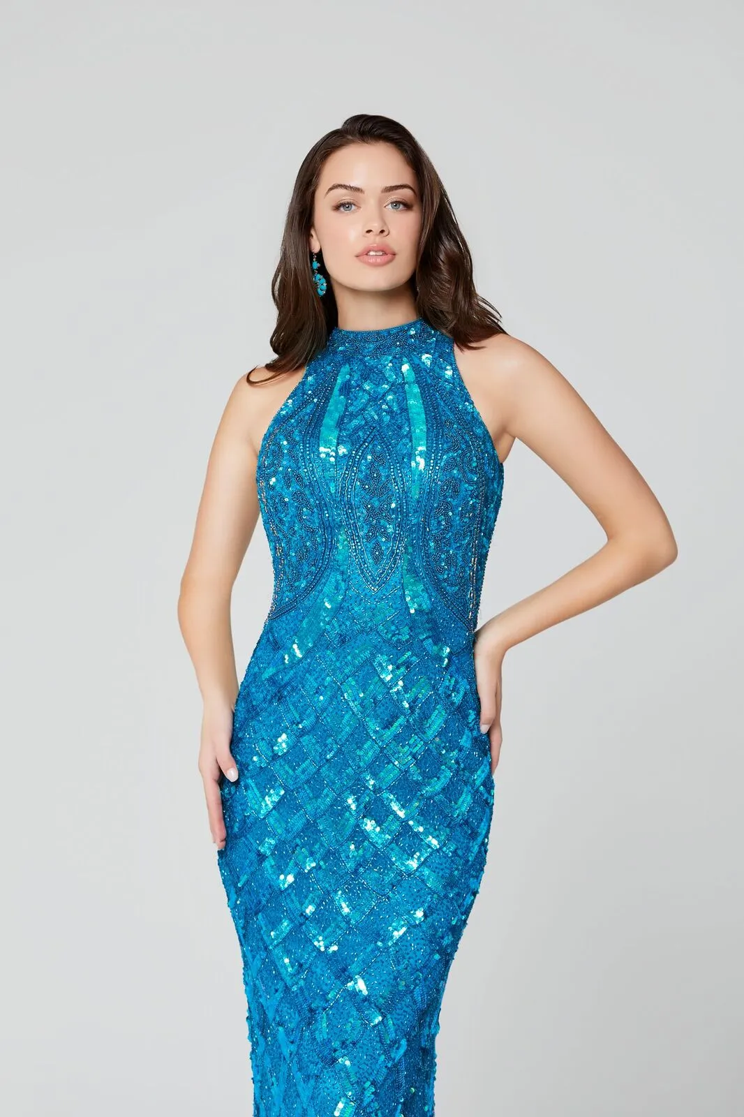 Primavera Couture 3442 Size 18 Peacock Beaded High Neckline Prom Dress Formal Evening Gown