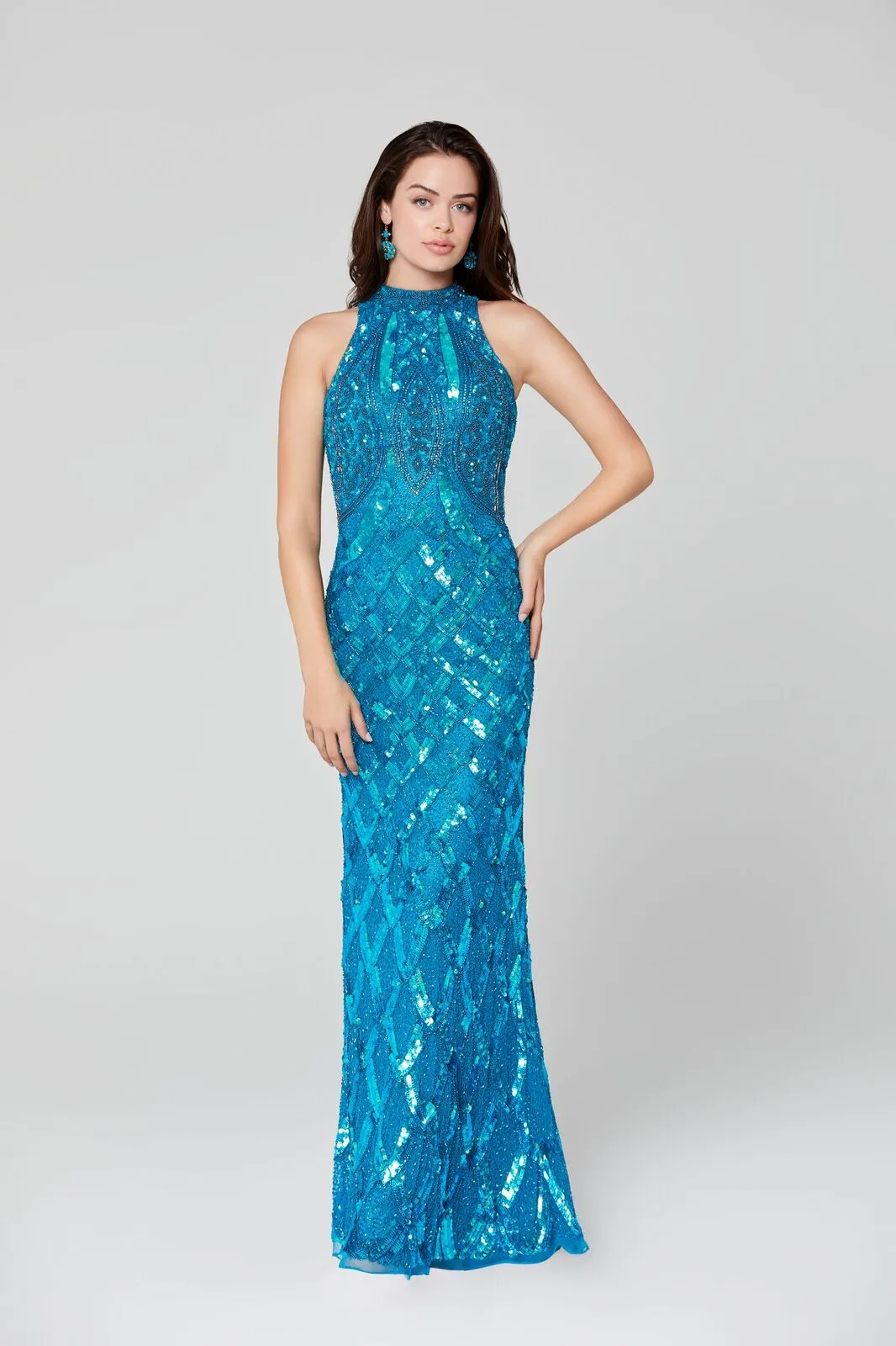 Primavera Couture 3442 Size 18 Peacock Beaded High Neckline Prom Dress Formal Evening Gown