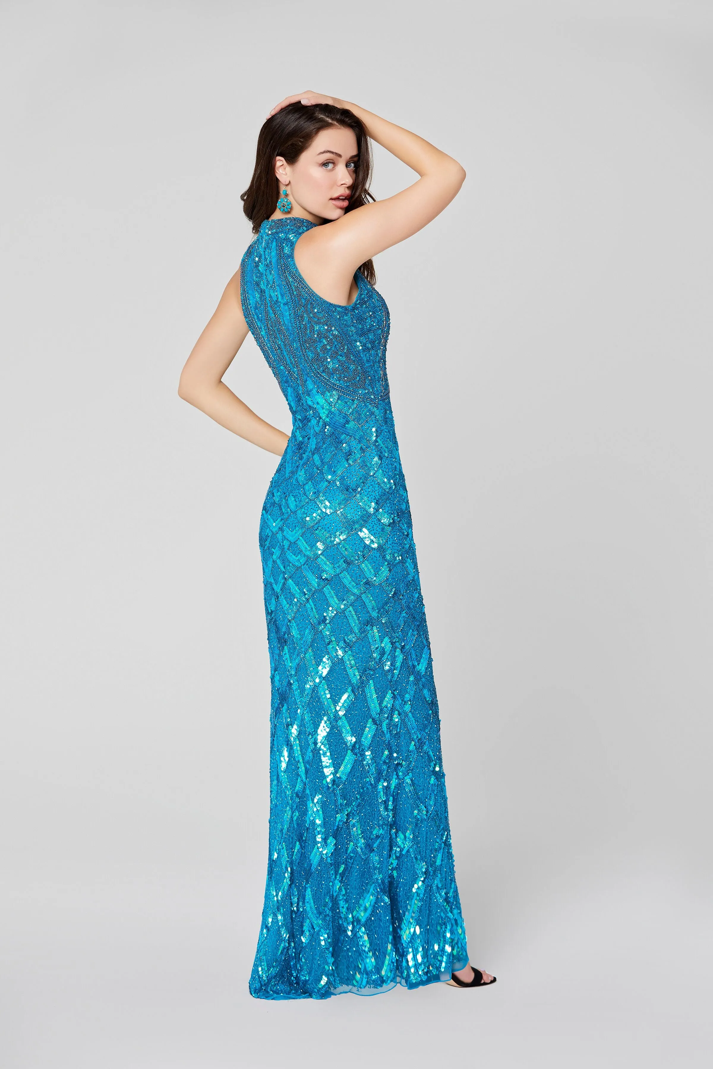 Primavera Couture 3442 Size 18 Peacock Beaded High Neckline Prom Dress Formal Evening Gown