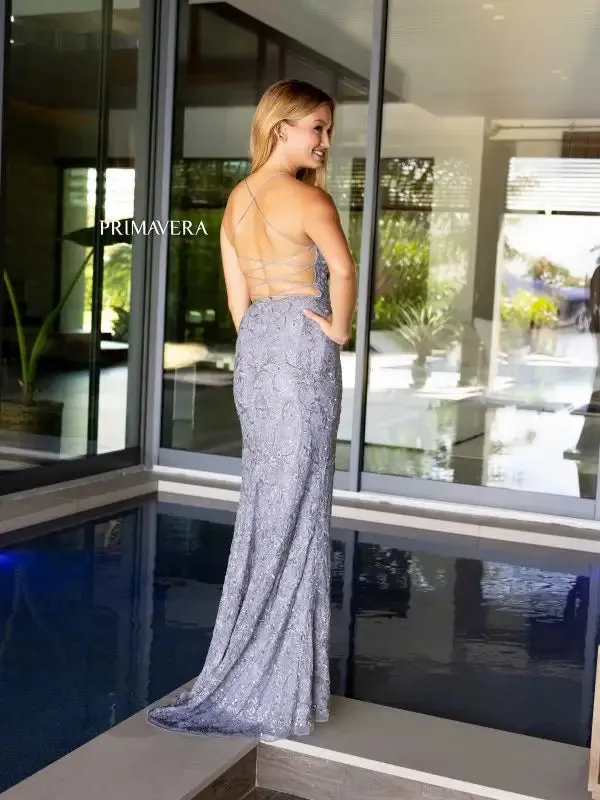 Primavera Couture 4166 Long Prom Dress Fitted High Slit Lace Up Back Sequin Formal Pageant Gown