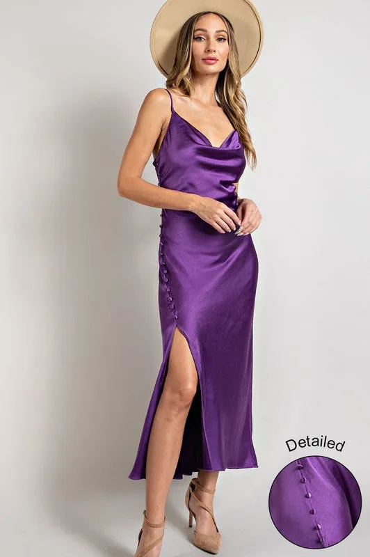 Purple Satin Cowl Neck Slit Maxi Dress