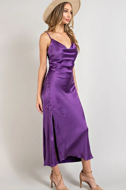 Purple Satin Cowl Neck Slit Maxi Dress