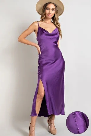Purple Satin Cowl Neck Slit Maxi Dress
