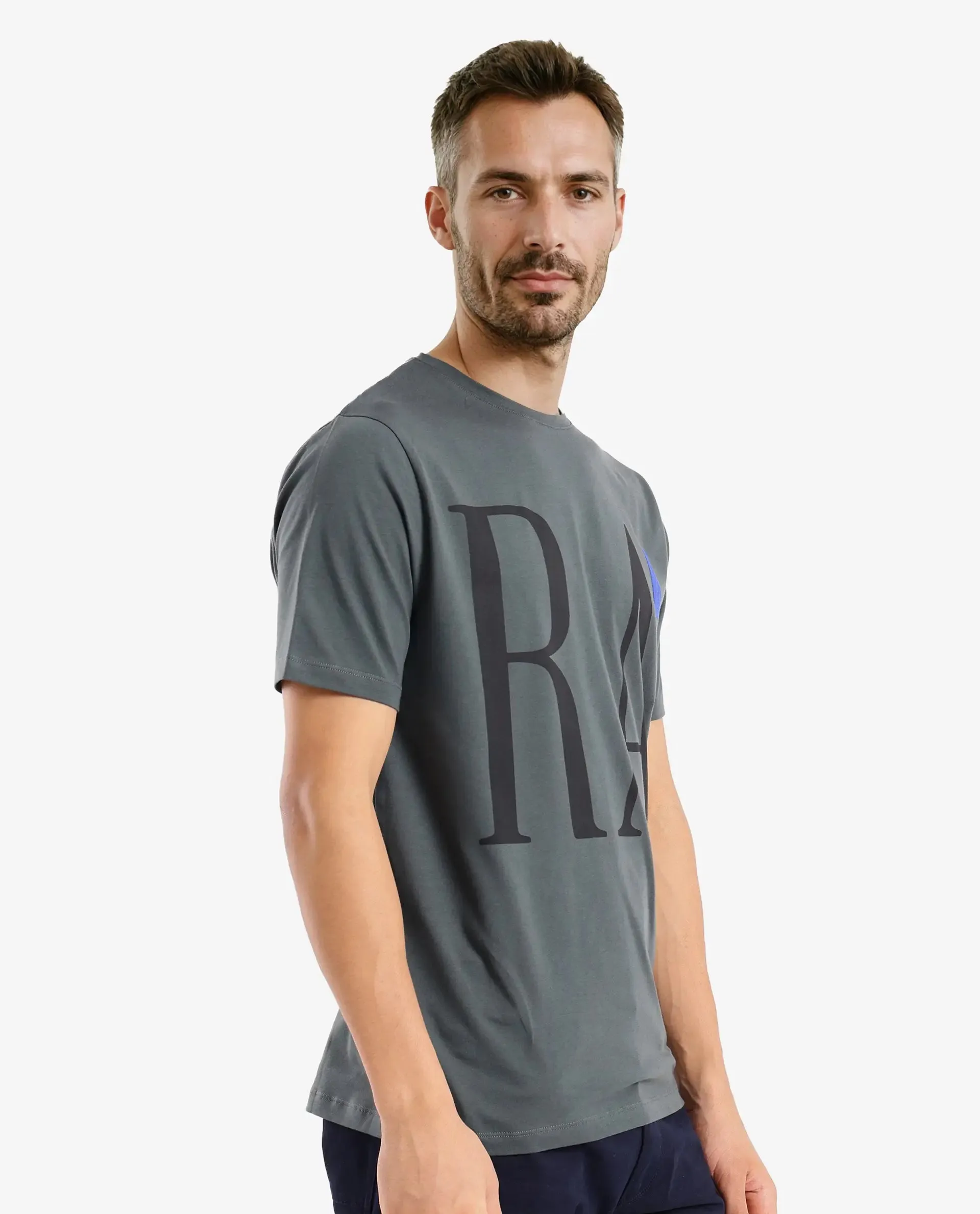 Rare Rabbit Men Olivo Dusky Olive Cotton Lycra Fabric Short Sleeve Crew Neck Regular Fit Graphic Print With Flock Printed Logo T-Shirt