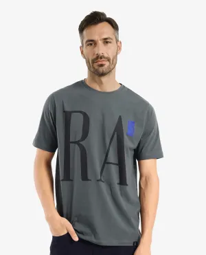 Rare Rabbit Men Olivo Dusky Olive Cotton Lycra Fabric Short Sleeve Crew Neck Regular Fit Graphic Print With Flock Printed Logo T-Shirt