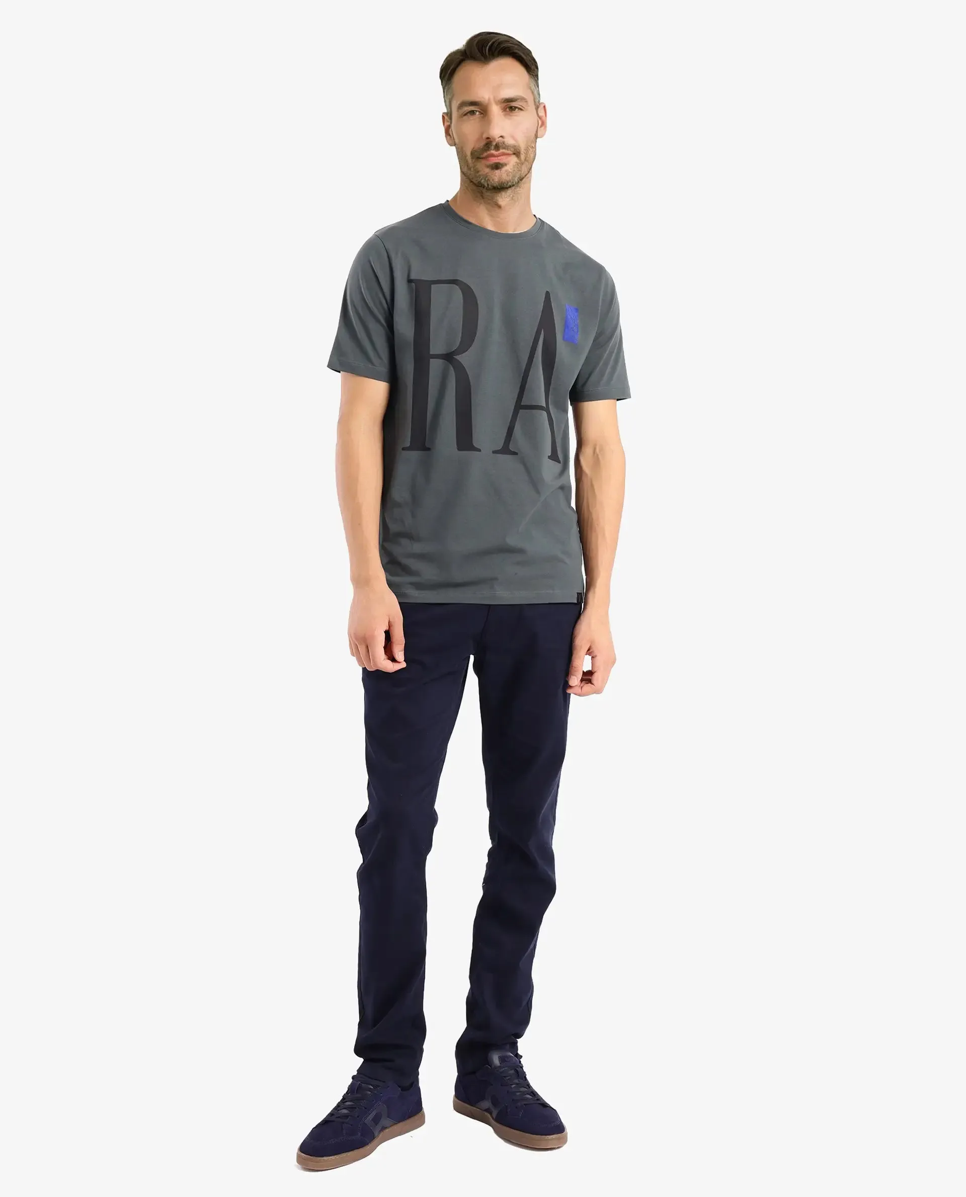 Rare Rabbit Men Olivo Dusky Olive Cotton Lycra Fabric Short Sleeve Crew Neck Regular Fit Graphic Print With Flock Printed Logo T-Shirt