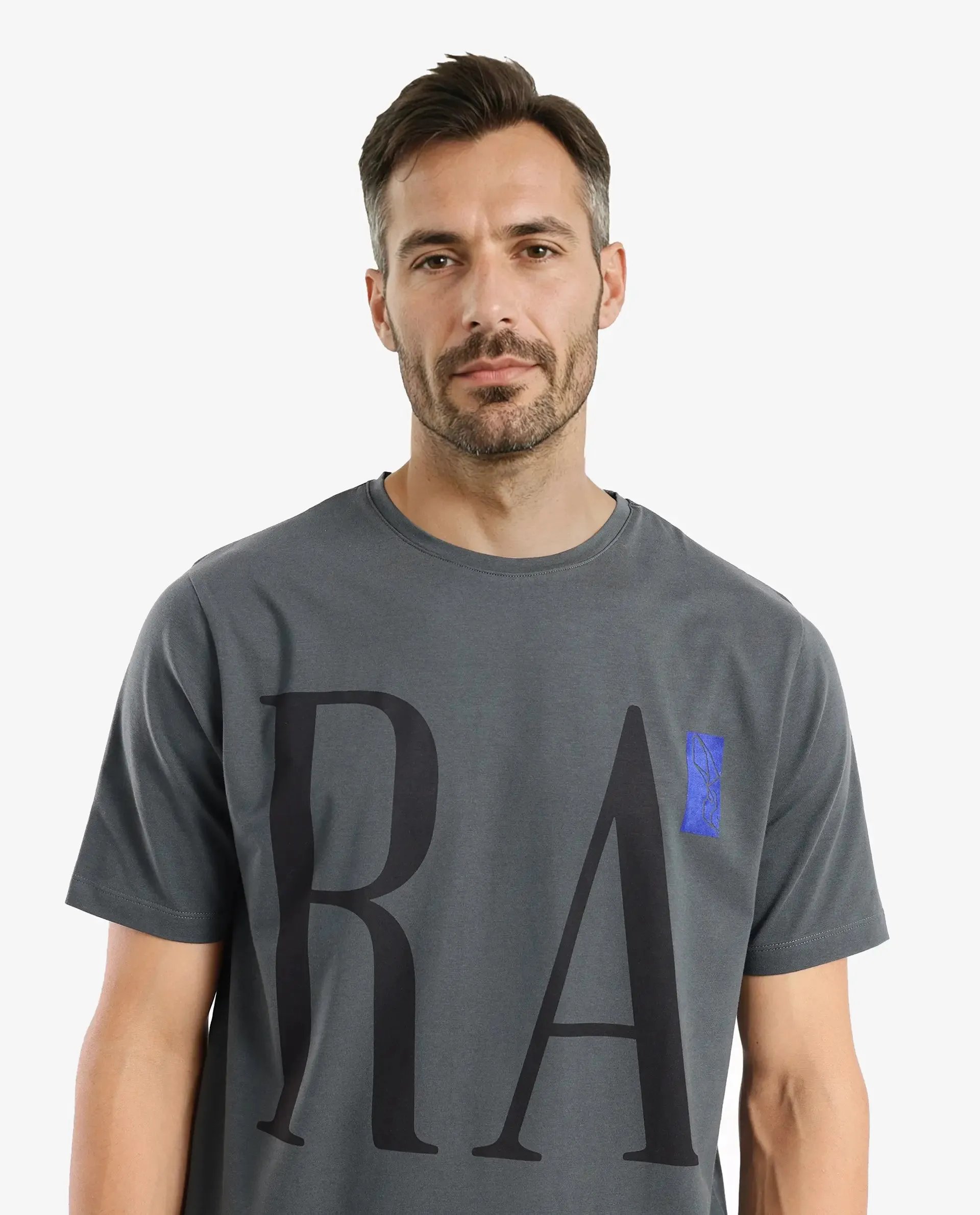 Rare Rabbit Men Olivo Dusky Olive Cotton Lycra Fabric Short Sleeve Crew Neck Regular Fit Graphic Print With Flock Printed Logo T-Shirt