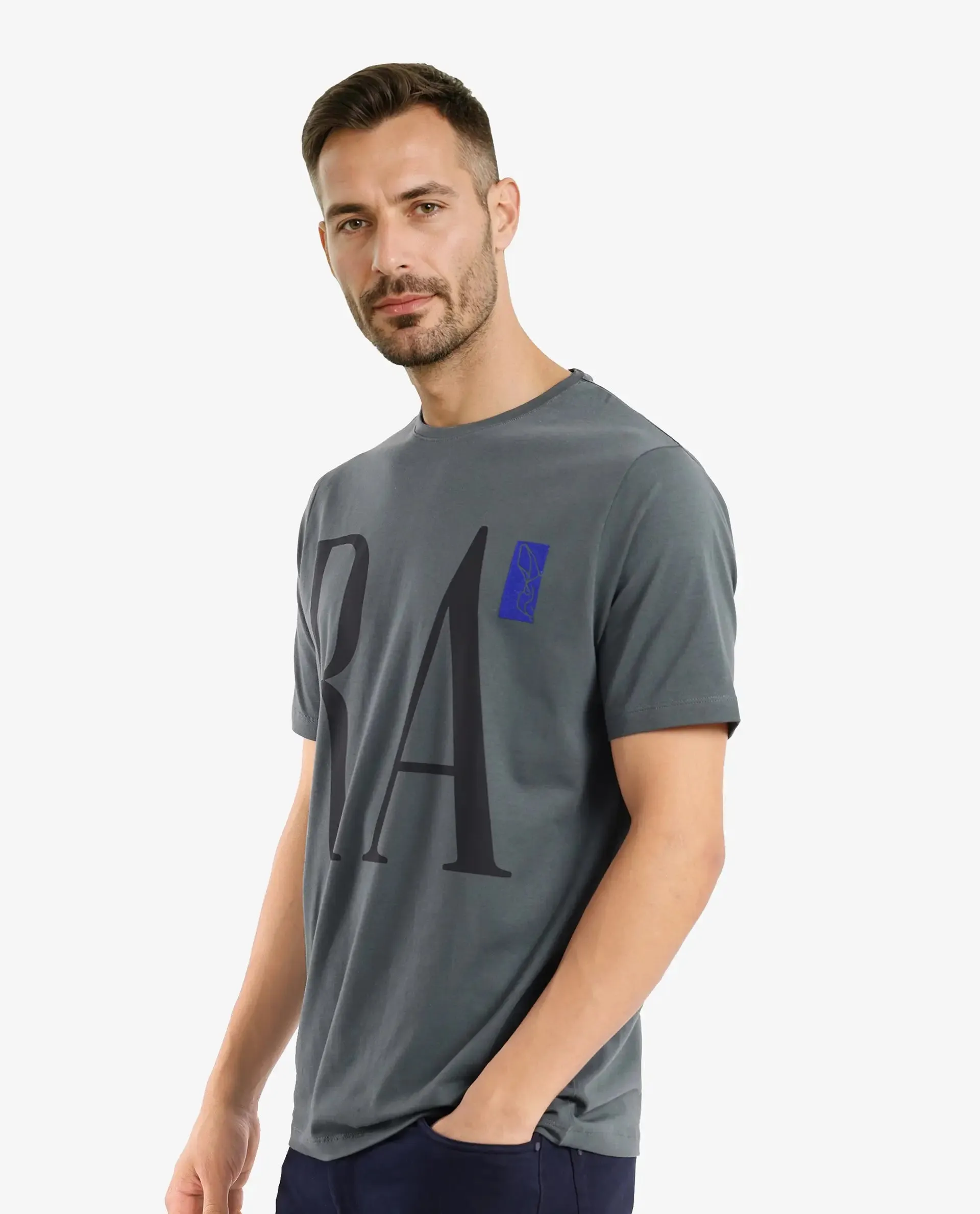 Rare Rabbit Men Olivo Dusky Olive Cotton Lycra Fabric Short Sleeve Crew Neck Regular Fit Graphic Print With Flock Printed Logo T-Shirt