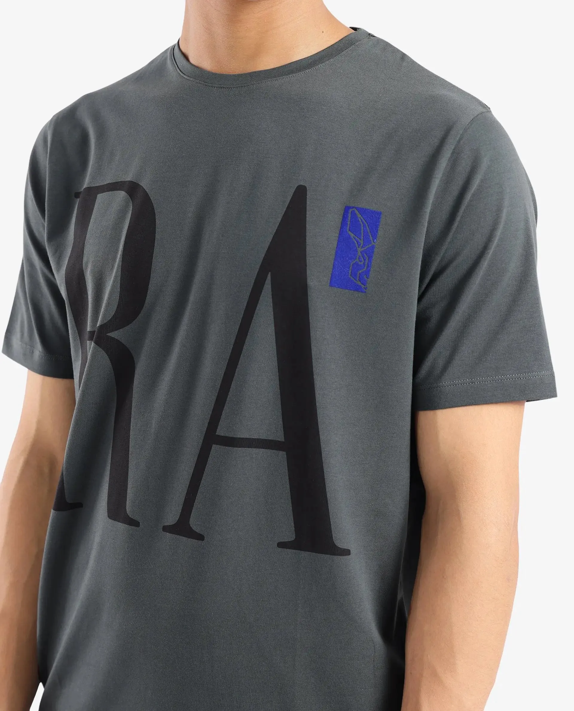 Rare Rabbit Men Olivo Dusky Olive Cotton Lycra Fabric Short Sleeve Crew Neck Regular Fit Graphic Print With Flock Printed Logo T-Shirt