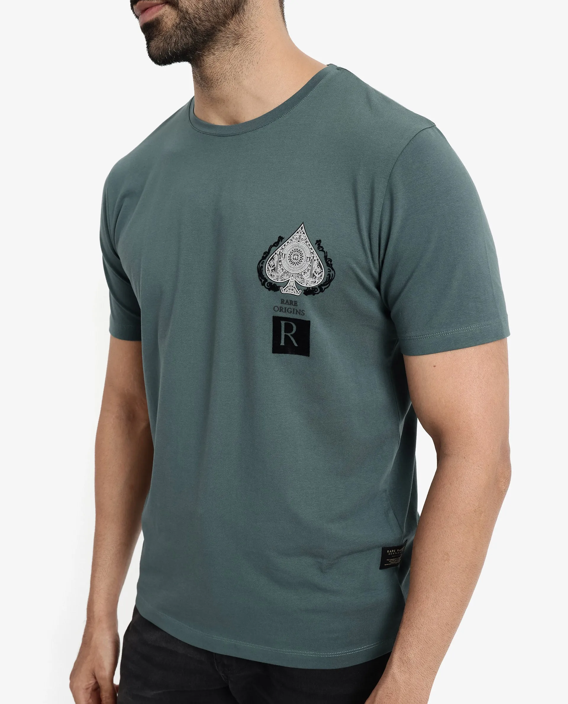 Rare Rabbit Men Rabo Teal Cotton Lycra Fabric Short Sleeve Crew Neck Regular Fit Flock HD Graphic Print T-Shirt