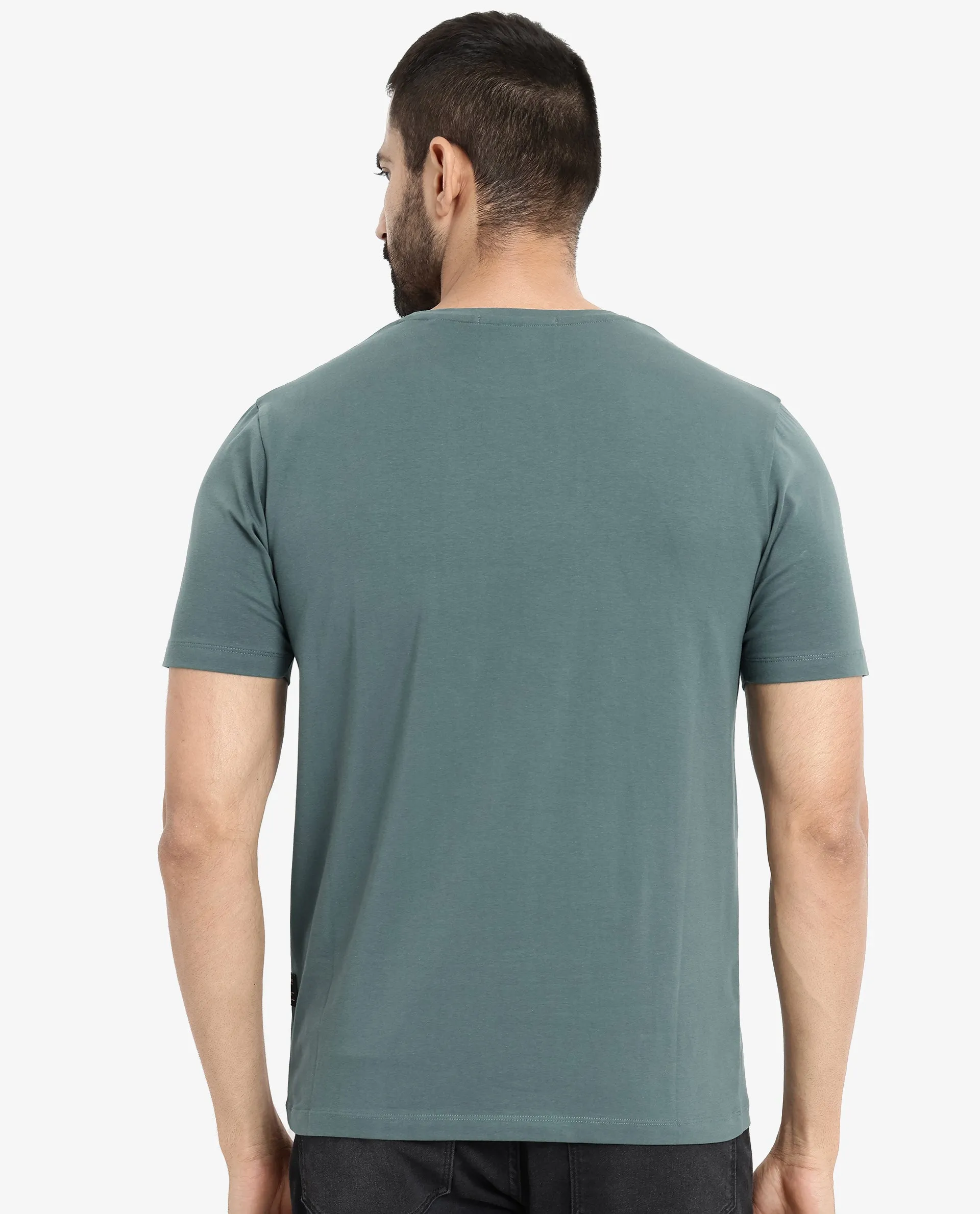 Rare Rabbit Men Rabo Teal Cotton Lycra Fabric Short Sleeve Crew Neck Regular Fit Flock HD Graphic Print T-Shirt
