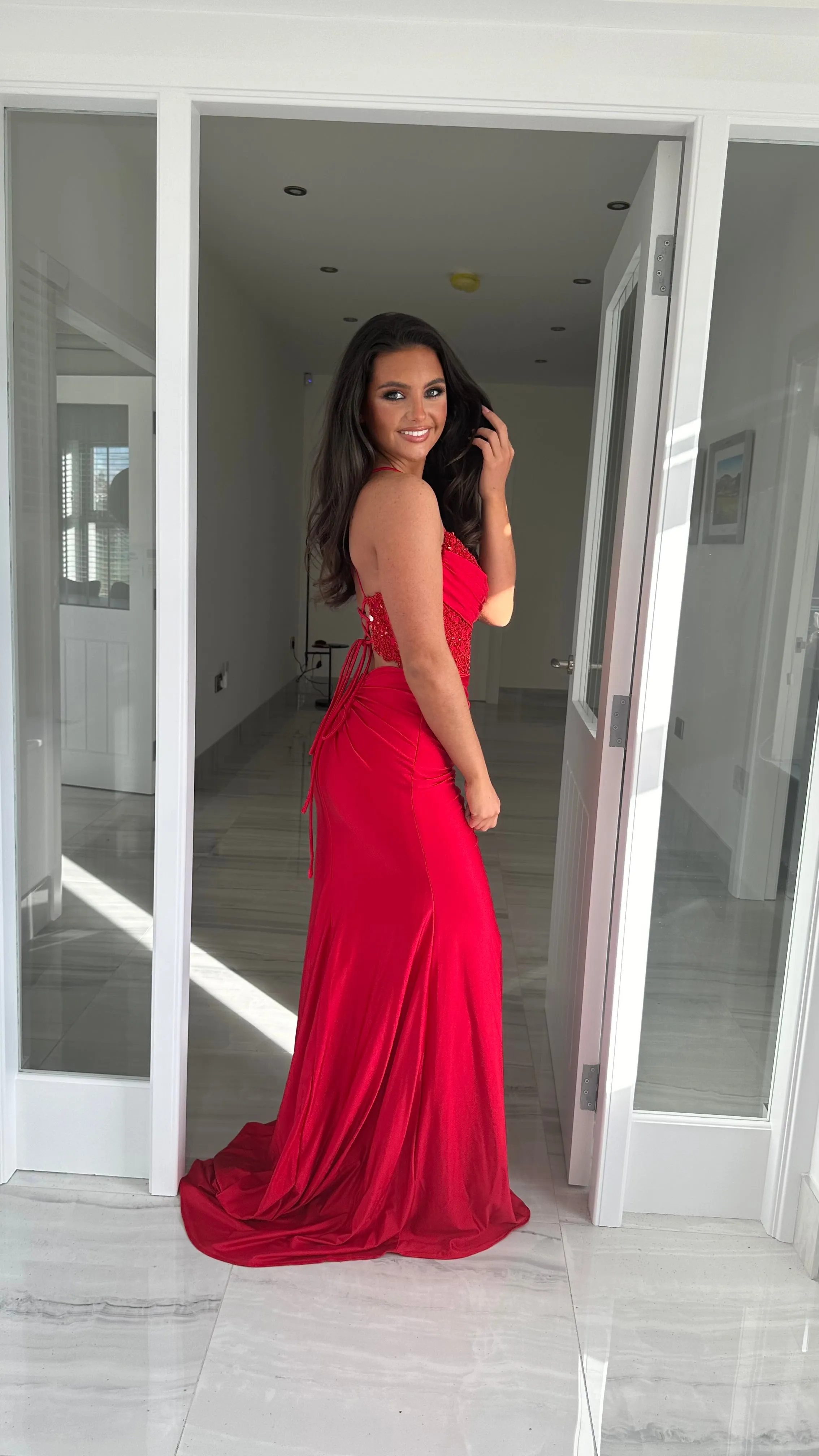 Red Drape Detail Corset Evening Gown