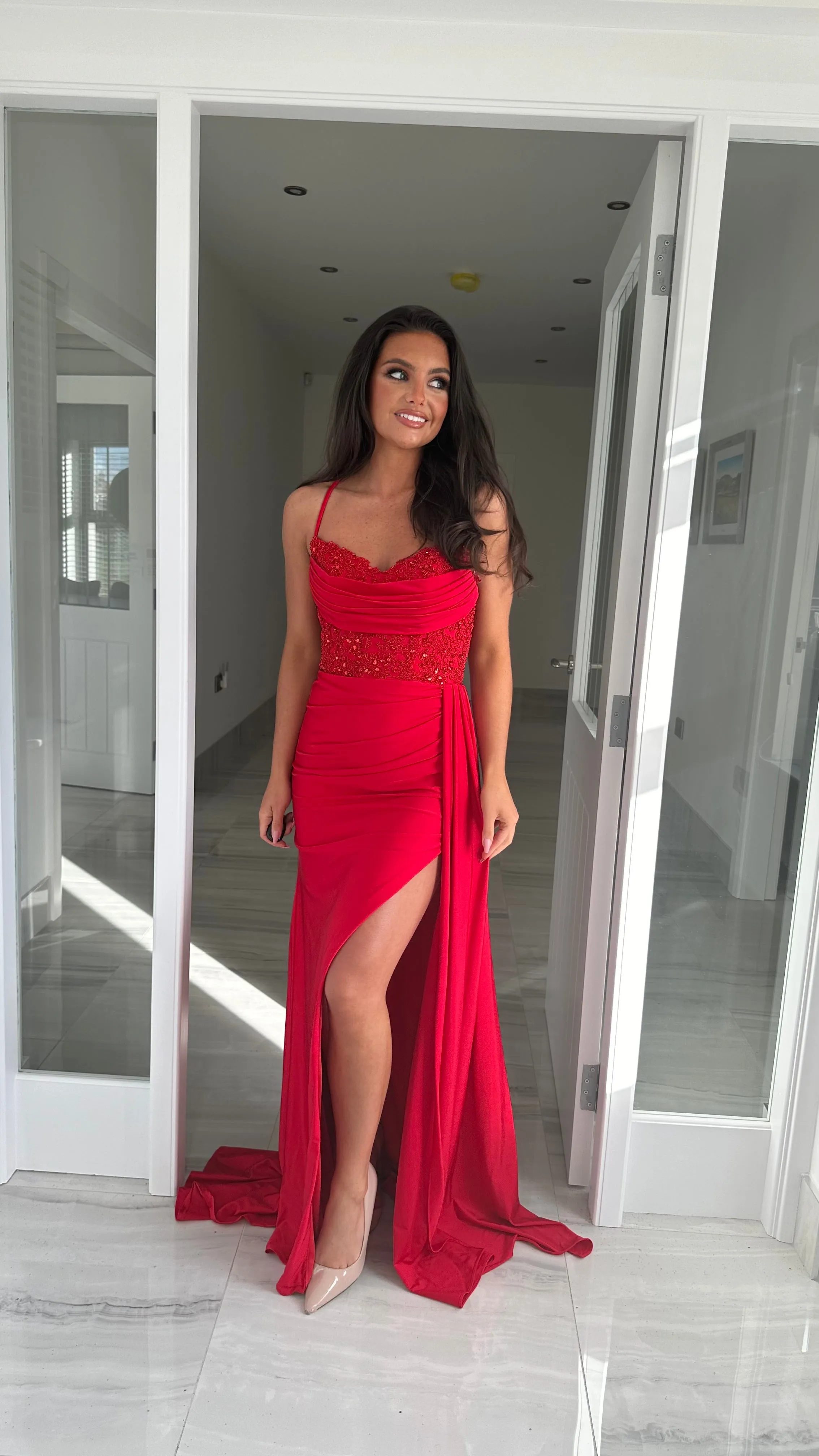 Red Drape Detail Corset Evening Gown