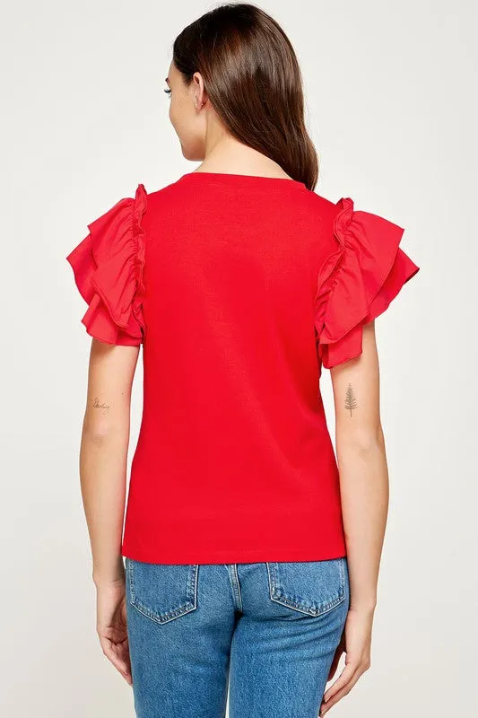 Red Flutter Ruffle Sleeve Top
