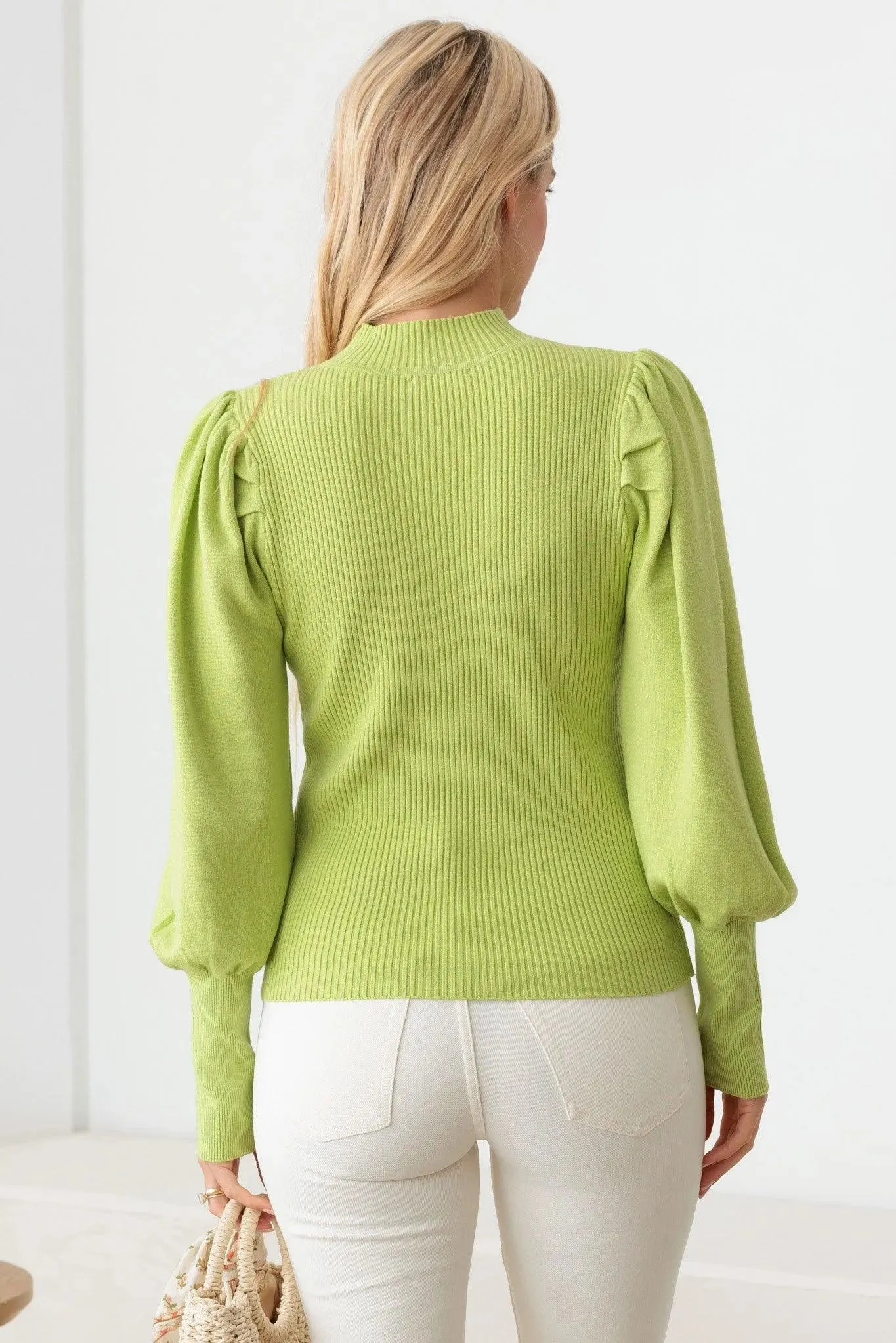 Ribbed Mock Neck Long Balloon Sleeve Sweater