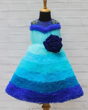 Royal Blue and Sky Blue Combo Tiny Flouncy Frilled High Low Partywear Gown