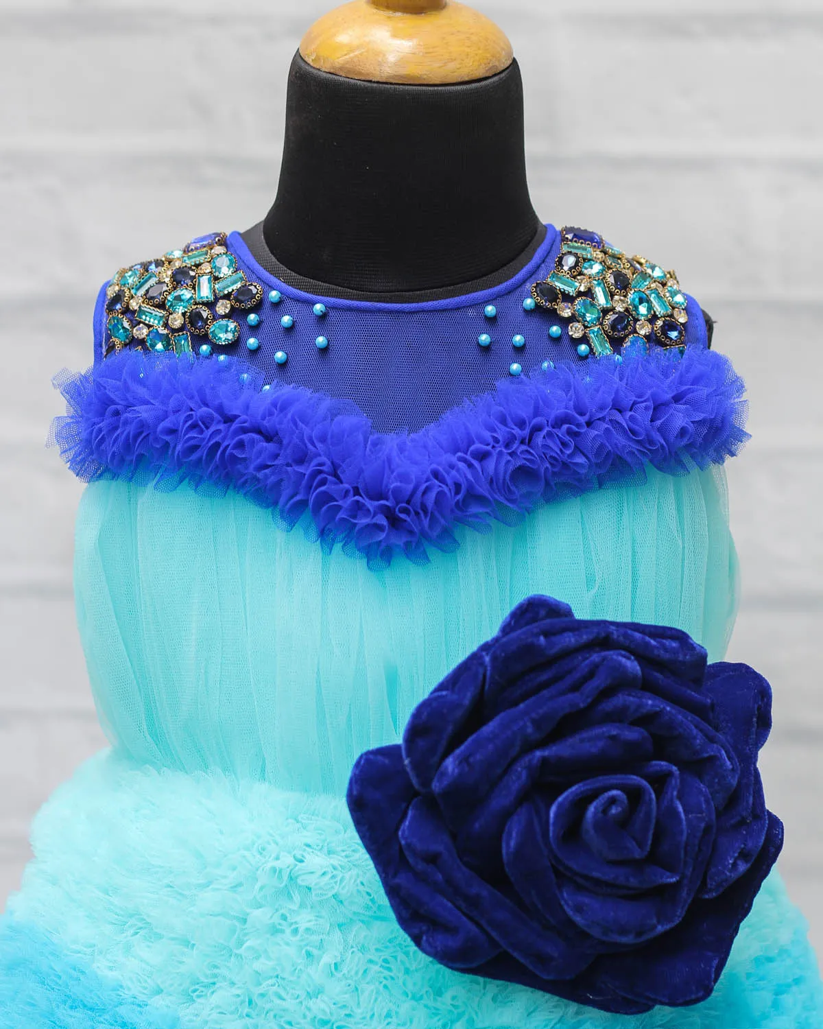 Royal Blue and Sky Blue Combo Tiny Flouncy Frilled High Low Partywear Gown