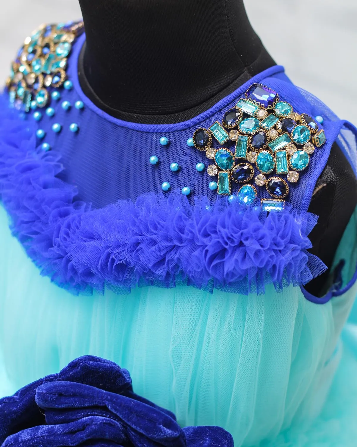 Royal Blue and Sky Blue Combo Tiny Flouncy Frilled High Low Partywear Gown