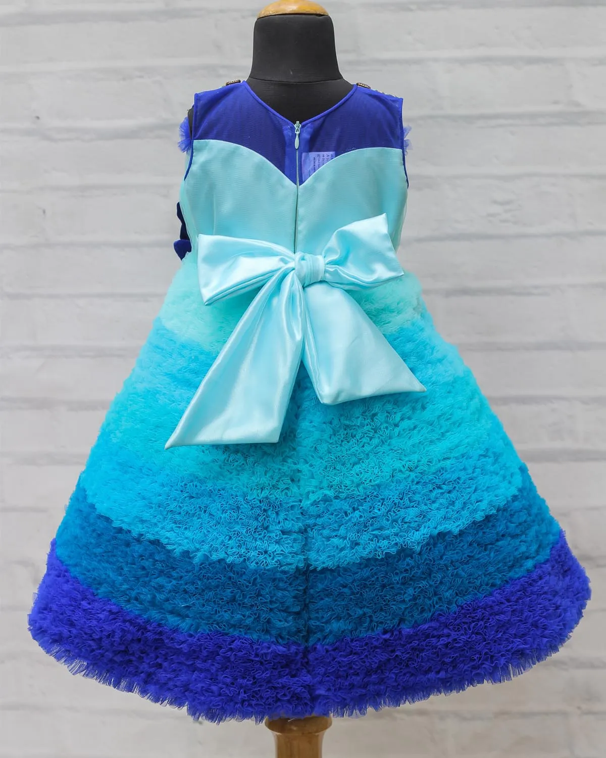 Royal Blue and Sky Blue Combo Tiny Flouncy Frilled High Low Partywear Gown