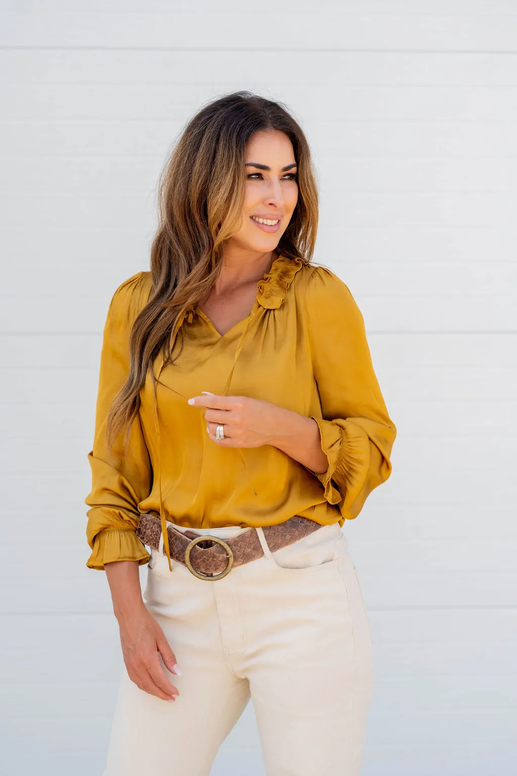 Ruffle Sleeve V-Neck Blouse