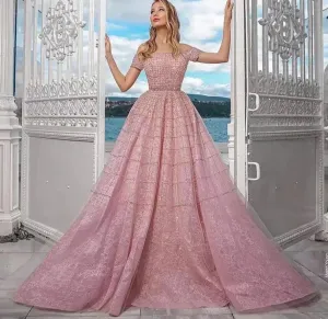 Sequined Handmade Off Shoulder Short Sleeves Beading Gowns