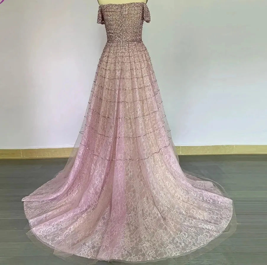 Sequined Handmade Off Shoulder Short Sleeves Beading Gowns