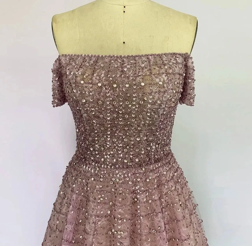 Sequined Handmade Off Shoulder Short Sleeves Beading Gowns