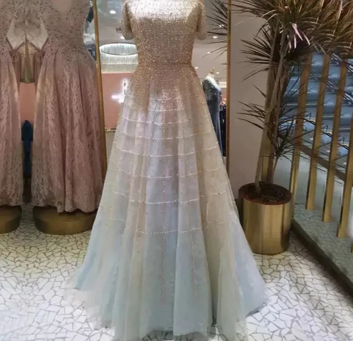 Sequined Handmade Off Shoulder Short Sleeves Beading Gowns