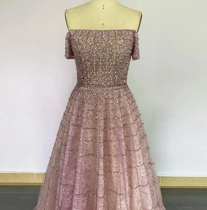 Sequined Handmade Off Shoulder Short Sleeves Beading Gowns