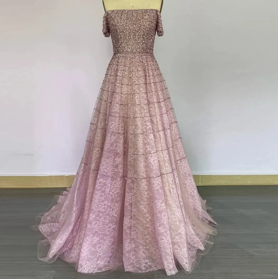 Sequined Handmade Off Shoulder Short Sleeves Beading Gowns