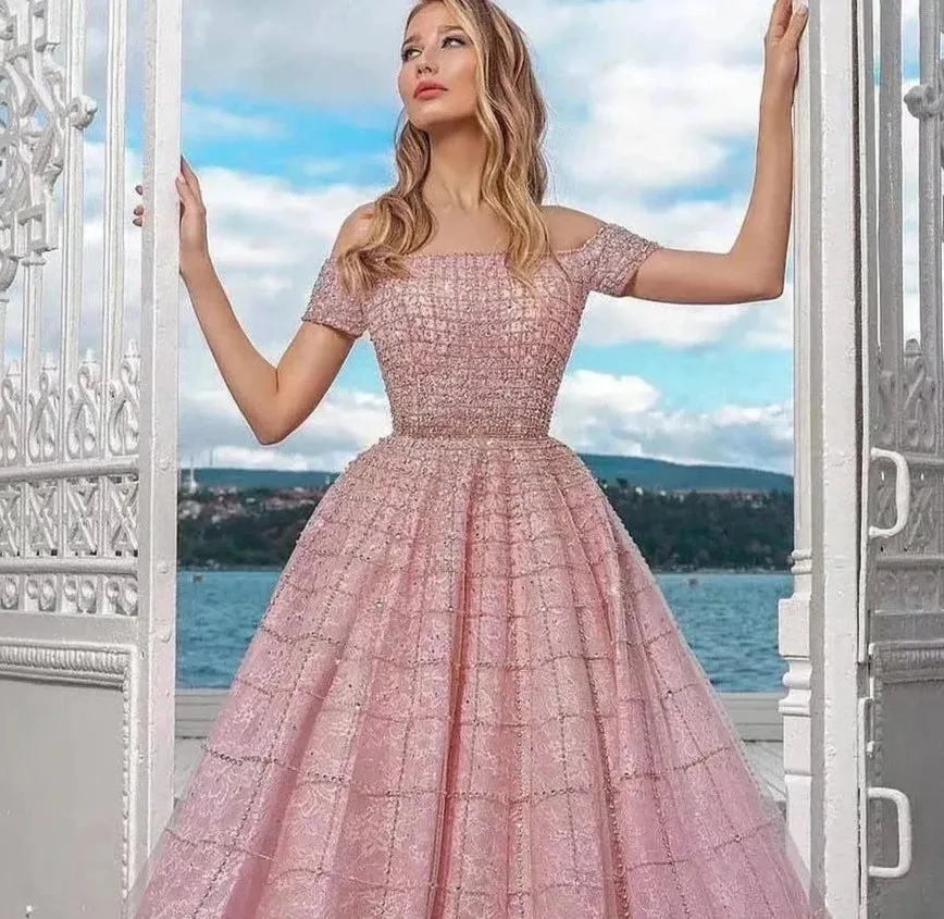 Sequined Handmade Off Shoulder Short Sleeves Beading Gowns