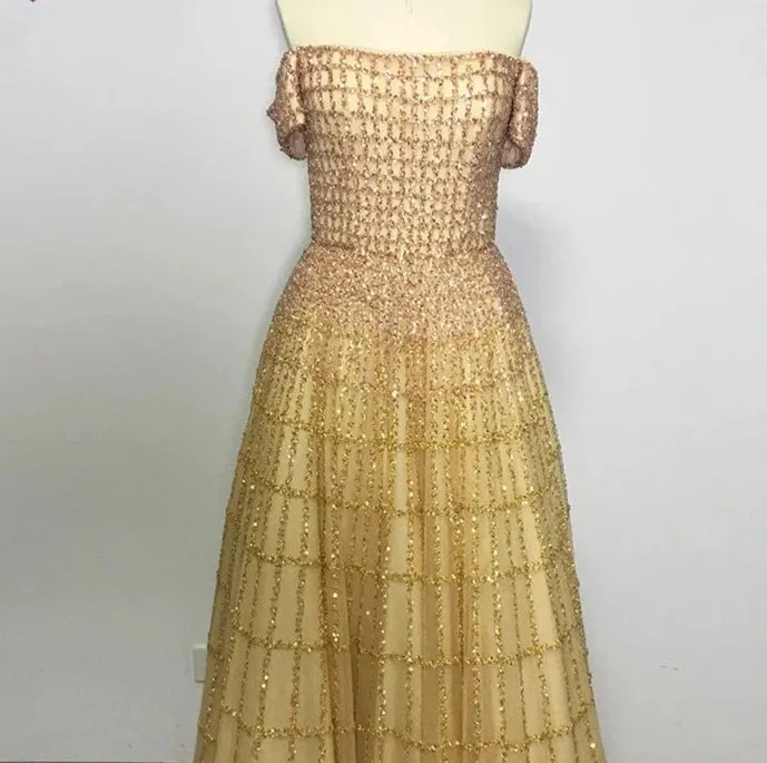 Sequined Handmade Off Shoulder Short Sleeves Beading Gowns