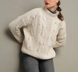 Skovhuus - Fisherman Cable Mock Neck Sweater in Cream