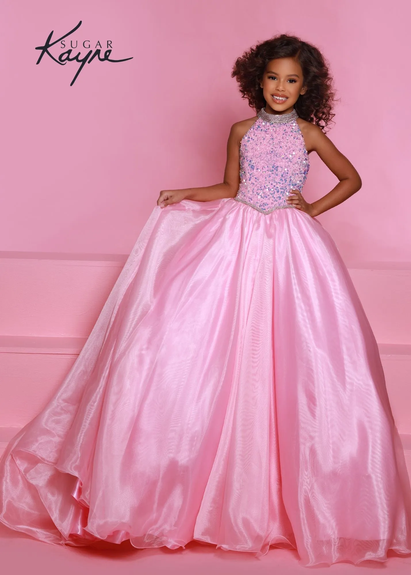 Sugar Kayne C302 Sequin velvet girls ballgown shimmer pageant dress high neck