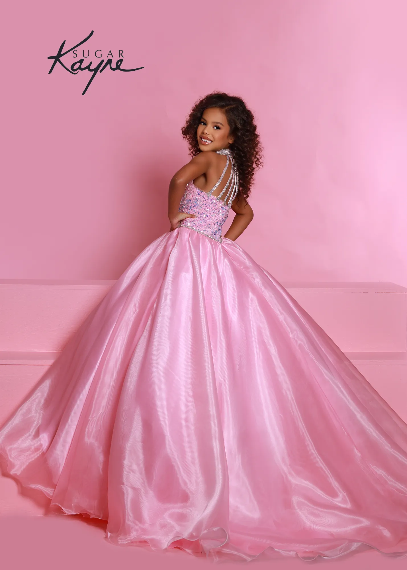 Sugar Kayne C302 Sequin velvet girls ballgown shimmer pageant dress high neck