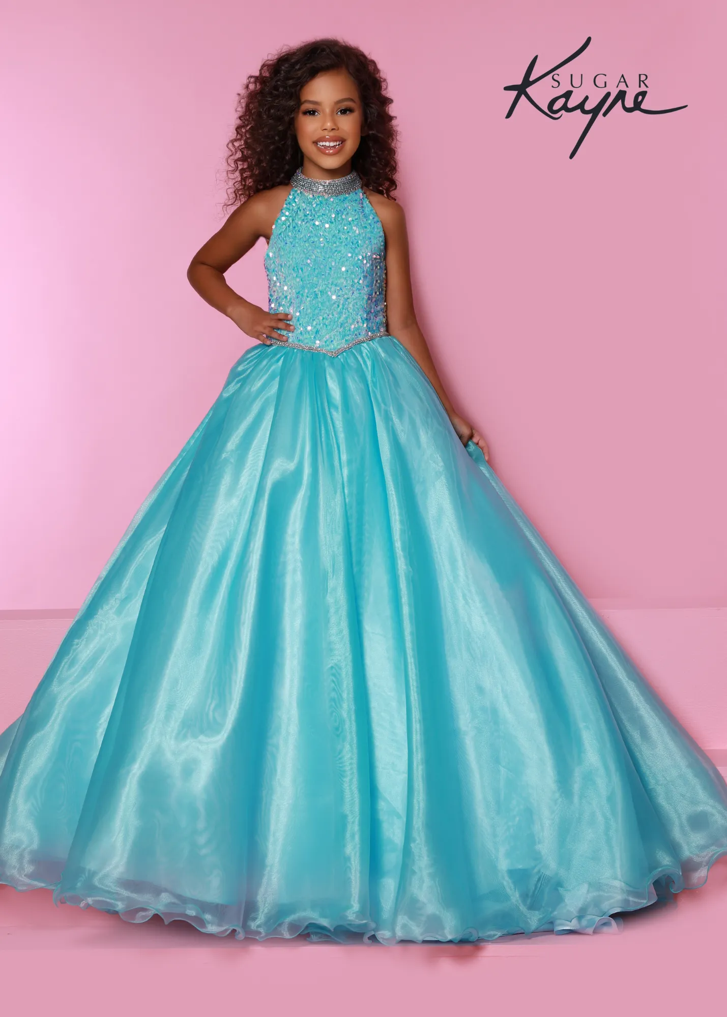 Sugar Kayne C302 Sequin velvet girls ballgown shimmer pageant dress high neck